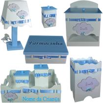 Kit de Higiene bebê mdf menino - Nuvem branco tampas azul bb