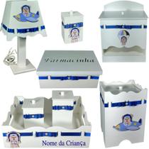 Kit de Higiene bebê mdf menino - urso aviador branco e azul marinho Kit de Higiene bebê mdf menino - urso aviador branco e azul marinho