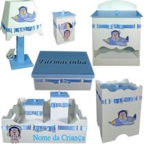 Kit de Higiene bebê mdf menino - urso aviador tampas azul bb