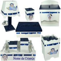 Kit de Higiene bebê mdf menino - urso aviador tampas azul marinho