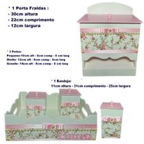 Kit de Higiene de bebê madeira Mdf Meninas 5 pçs - Branco Florido perolas tampas rosa