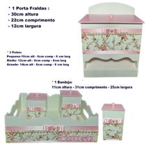Kit de Higiene de bebê madeira Mdf Meninas 5 pçs - Branco Florido perolas tampas rosa Kit de Higiene de bebê madeira Mdf Meninas 5 pçs - Branco Florido perolas tampas rosa