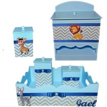 Kit de Higiene de bebê madeira Mdf Menino 5 pçs - SAFARI AZUL BB CHEVRON CINZA