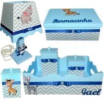 Kit de Higiene de bebê madeira Mdf menino 6 pçs - SAFARI AZUL BB CHEVRON CINZA