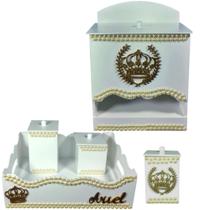Kit de Higiene de bebê madeira Mdf unissex 5 pçs - BRANCO COM PÉROLAS COROA