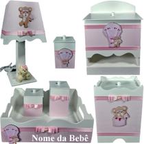 Kit de Higiene de bebê Mdf quarto menina 7 pçs - URSINHA BALAO BRANCO E ROSA BB