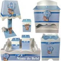 Kit de Higiene de bebê Mdf quarto menino 7 pçs - Urso balao branca e azul bb - Flores para Mariae Decor