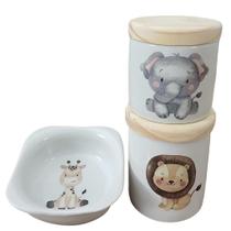 Kit de Higiene para Bebê 3 Peças Safari - Potes de Porcelana e Molhadeira com Tampas de Pinus