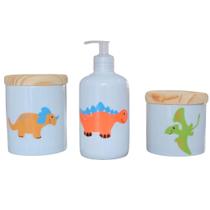 Kit de Higiene para Bebê Dinossauro - 3 Peças em Porcelana com Tampa de Pinus Kit de Higiene para Bebê Dinossauro - 3 Peças em Porcelana com Tampa de Pinus