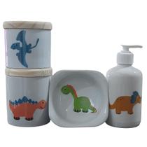 Kit de Higiene para Bebê Dinossauro - 4 Peças em Porcelana com Tampas de Pinus