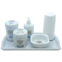 Kit de Higiene para Bebê Príncipe Ursinho com 6 Peças em Porcelana - Bandeja, Potes, Porta Álcool e Molhadeira