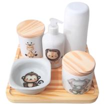 Kit de Higiene para Bebê Safari com 6 Peças em Porcelana e Pinus