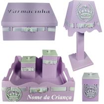 Kit de Higiene para quarto de bebê feminino madeira Mdf 6 pçs - Coroa branco e Lilas