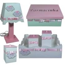 Kit de Higiene para quarto de bebê feminino madeira Mdf 6 pçs - Nuvem menina branco e rosa