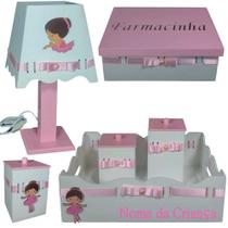Kit de Higiene para quarto de bebê madeira Mdf 6 pçs - Bailarina dançarina branco e rosa bb - Flores para Mariae Decor