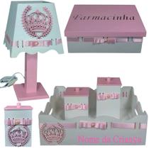 Kit de Higiene para quarto de bebê madeira Mdf 6 pçs - Princesa coroa branco e rosa bb - Flores para Mariae Decor