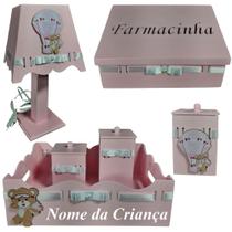 Kit de Higiene para quarto de bebê madeira Mdf 6 pçs - Ursinha balão rosa bb