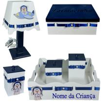 Kit de Higiene para quarto de bebê madeira Mdf 6 pçs - Ursinho AVIADOR AVIÃO BRANCO E AZUL MARINHO