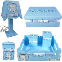 Kit de Higiene para quarto de bebê madeira Mdf 6 pçs - Ursinho azul bb
