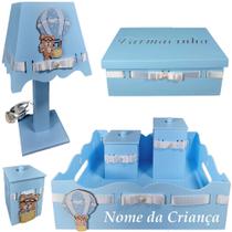 Kit de Higiene para quarto de bebê madeira Mdf 6 pçs - Ursinho balão azul bb