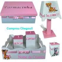 Kit de Higiene para quarto de bebê menina madeira Mdf 6 pçs - Safari branco e rosa