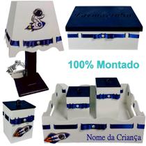 Kit de Higiene para quarto de bebê menino madeira Mdf 6 pçs - Astronauta branco e azul marinho