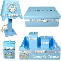 Kit de Higiene para quarto de bebê menino madeira Mdf 6 pçs - COROA BRANCA COM AZUL BB