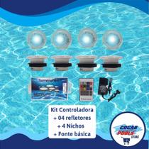 KIT DE ILUMINAÇÃO para Piscina: 4 Refletor Cristal Power RGB + 4 Dispositivo em Fibra Summer's + Controladora LED RGB
