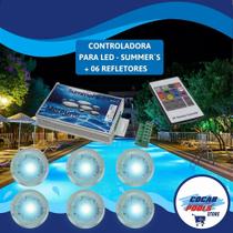 KIT DE ILUMINAÇÃO para Piscina: 6 Refletor Cristal Power RGB + 6 Dispositivo em Fibra Summer's + Controladora LED RGB KIT DE ILUMINAÇÃO para Piscina: 6 Refletor Cristal Power RGB + 6 Dispositivo em Fibra Summer's + Controladora LED RGB