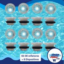 KIT DE ILUMINAÇÃO para Piscina: 8 Refletor Cristal Power RGB + 8 Dispositivo em Fibra Summer's + Controladora LED RGB KIT DE ILUMINAÇÃO para Piscina: 8 Refletor Cristal Power RGB + 8 Dispositivo em Fibra Summer's + Controladora LED RGB