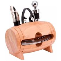 Kit De Inox Para Vinho Suporte Formato Barril De Bambu 04 Peças