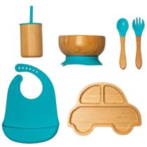 Kit de Introdução Alimentar feito com Bambu e Silicone Blue Car