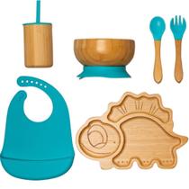 Kit de Introdução Alimentar feito com Bambu e Silicone Blue Dino
