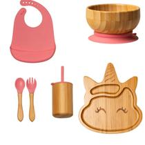 Kit de Introdução Alimentar feito com Bambu e Silicone Pink Unicórn