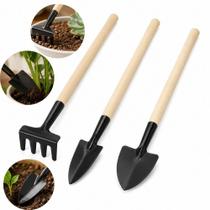 Kit de jardinagem 3 peças com cabo de madeira mini pá rastelo ancinho ferramentas para horta jardim e mudas Kit de jardinagem 3 peças com cabo de madeira mini pá rastelo ancinho ferramentas para horta jardim e mudas