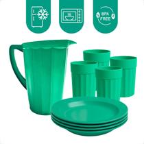 Kit de Jarra + 4 Pratos + 4 Copos Plásticos Coloridos Uso Diário e Refeições