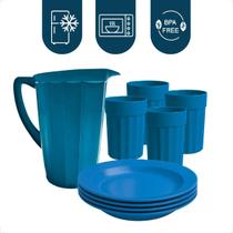 Kit de Jarra + 4 Pratos + 4 Copos Plásticos Coloridos Uso Diário e Refeições