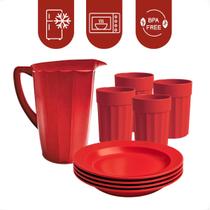Kit de Jarra + 4 Pratos + 4 Copos Plásticos Coloridos Uso Diário e Refeições Kit de Jarra + 4 Pratos + 4 Copos Plásticos Coloridos Uso Diário e Refeições