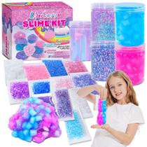 Kit de limo de unicórnio para meninas de 4 a 12 anos, suprimentos para fazer lodo amanteigado, confetti, limo, glimmer, cubos de gelatina de espuma, lembrancinhas de festa para crianças