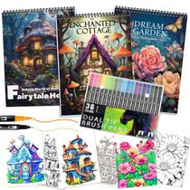 Kit de Livros de Colorir para Adultos CKMOREL com 3 Livros Espirais e 36 Marcadores