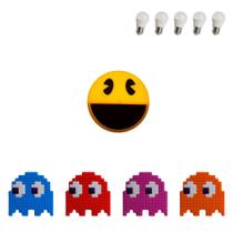 Kit de Luminárias com 4 Fantasminhas Fantasmas + Pac-Man e Lâmpadas LED Geek Retrô Game Clássico