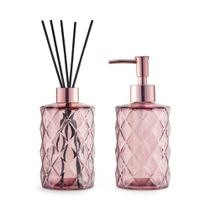 Kit De Luxo Pia Banheiro Porta Sabonete Líquido E Difusor 330ml De Vidro Rose - Uz Kit De Luxo Pia Banheiro Porta Sabonete Líquido E Difusor 330ml De Vidro Rose - Uz