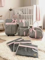 kit de mala maternidade de rodinhas mochila bolsa lateral cinza rosa e saquinhos organizadores