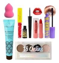 Kit De Maquiagem Batom Rimel Delineador Paleta Sobrancelha - Nova Avenida