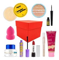 Kit De Maquiagem Com Caixa Presente Batom Base Facial Rímel