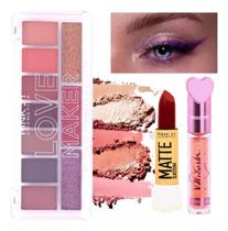 Kit De Maquiagem Completo Paleta De Sombra Batom E Gloss - pink 21