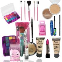 Kit de Maquiagem Completo Pinceis Batom Paleta de Sombras Rimel Base Lápis de Olho