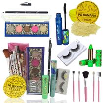 Kit de Maquiagem Completo Pinceis Cilios Batom Paleta de Sombras Rimel Pó de Banana