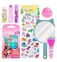 Kit De Maquiagem Infantil Batom Brilho Gloss Espelho Adesivo