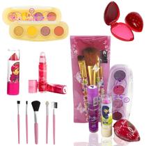 Kit de Maquiagem Infantil Completo Pincel Batom Brilho Rosinha Gloss Sombras Menina Criança